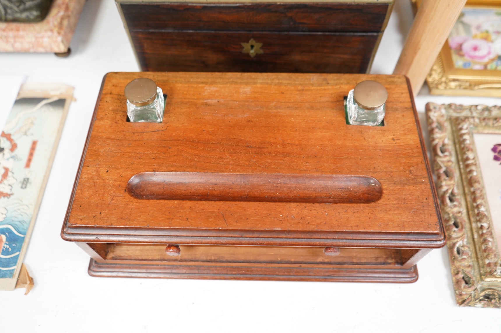 A Victorian brass bound rosewood jewellery box together with a mahogany desk stand with two inkwells, largest 30cm wide